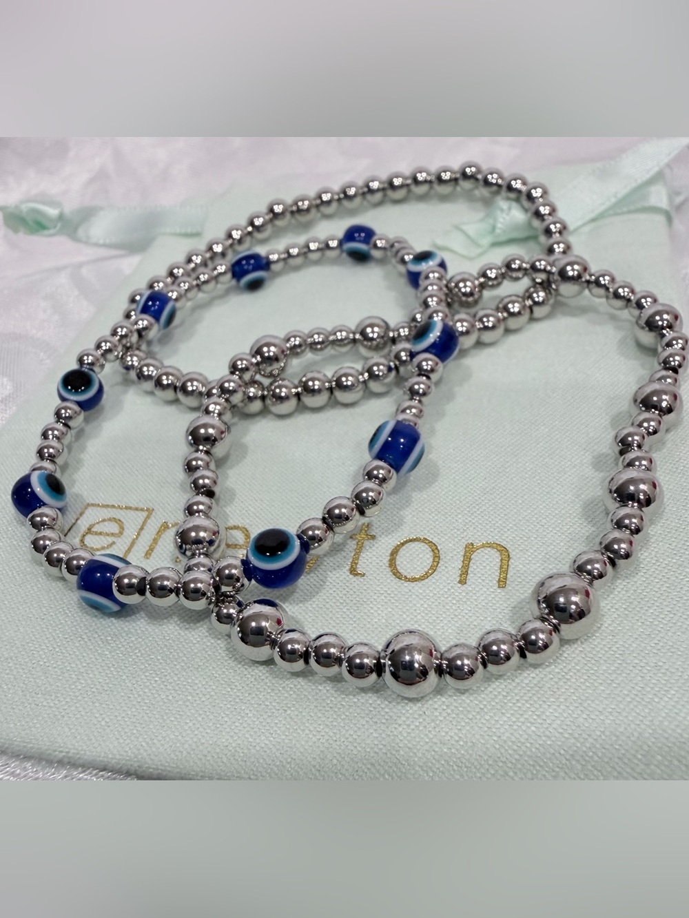 Enewton Sterling-Style Silver Beaded Bracelet with Blue Evil Eye Accents (3) New
